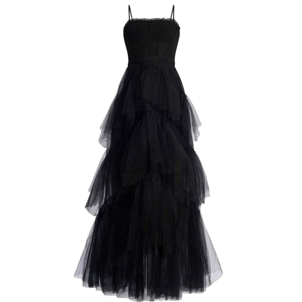 BCBG MaxAzria Oly Evening Gown in Black Tiered Ruffle Tulle Corset Dress Sz 10